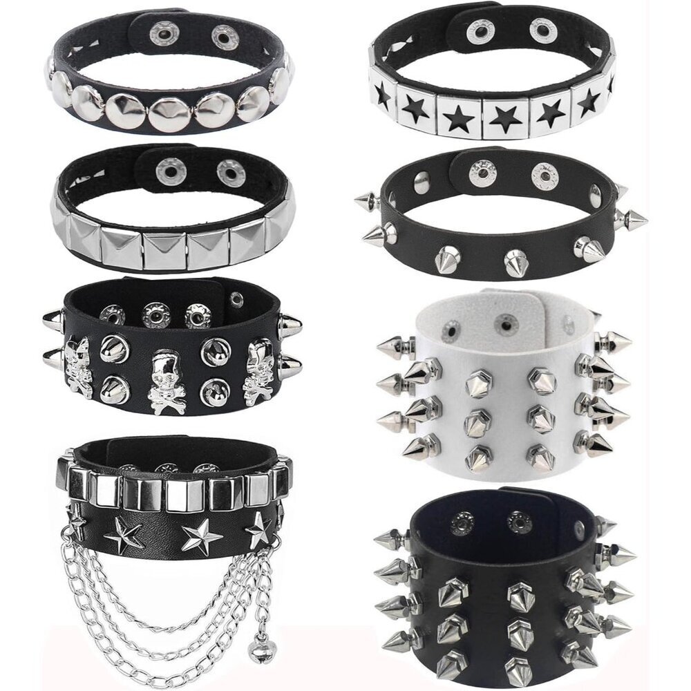 8Pcs Punk Studded Bracelets Set Faux Leather Unisex Cuffs Bangle Wristbands